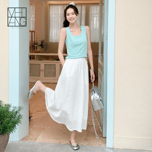 美洋（MEIYANG）满天星半身裙 文艺仙女肌理棉麻A字半身中长裙 白色 M