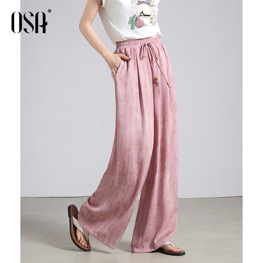 OSA (OSA) lazy style drawstring wide-leg pants for women 2025 summer new versatile slim elastic waist straight floor trousers Pink M