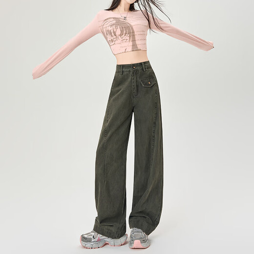 卡其色纯棉工装弯刀牛仔裤女2025夏季新款高腰宽松垂感加长阔腿裤 卡其色长裤 XL 码 建议120-130斤