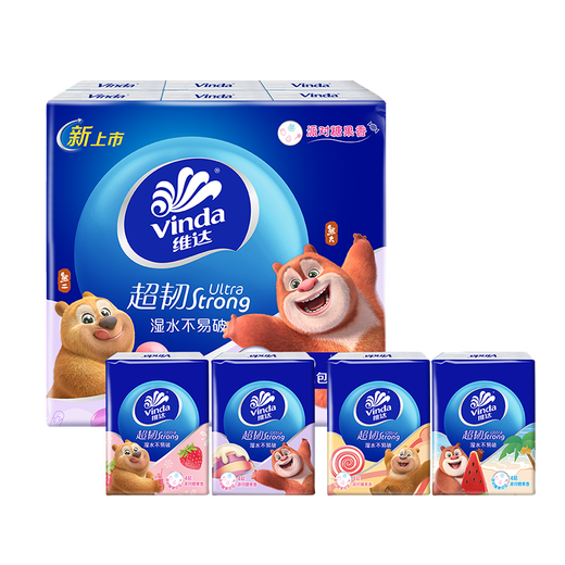 Vinda super tough, Zhao Liying recommends bear-infested handkerchief paper, 4 layers, 7 pieces, portable napkin small bag, Vinda bear-infested handkerchief, 4 layers, 7 pieces*12 packs