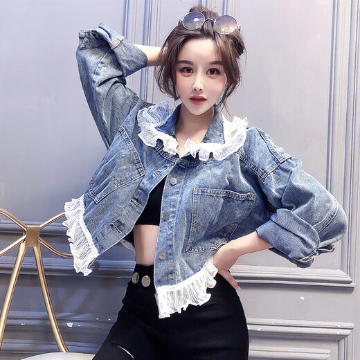 LPOX jacket denim jacket for women 2025 spring and autumn new style spliced embroidered contrasting color versatile denim jacket for women 9926# picture style [Blue] S [Suggested 80--100Jin [Jin equals 0.5 kg]]