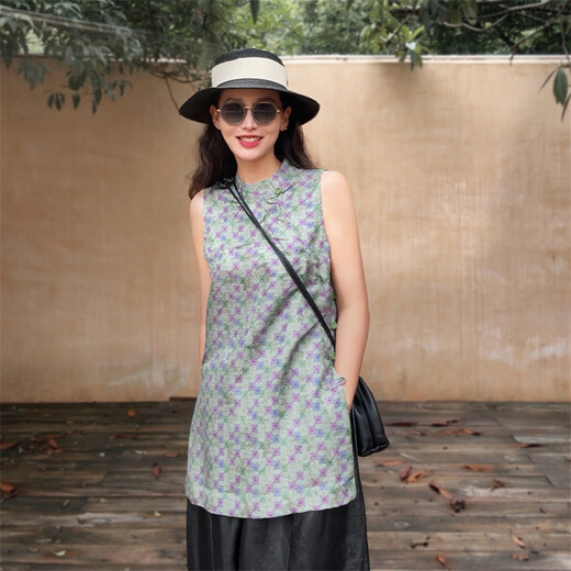 Blume Schatten Yaoyao Guoyi Retro Jacquard Seidenhülsen und Frauen für Frauen verbessert chinesische Stil, die schrägige Plattenseite mit mittlerer Länge mit mittlerem Pferd Clip F50827 Green Simple s