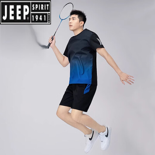 Jeep Spirit Quick Dry Sports Set Herren Badminton Kleidung plus Fett plus großer Sommer Casual Lose Laufen Kurzarm zwei Keule-Blau 9902 L 90-110jin [Jin gleich 0,5 kg]
