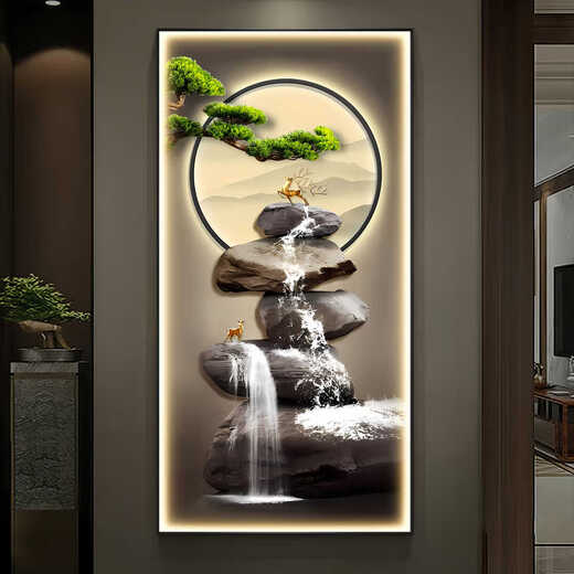 顺吉祥利流水生财玄关装饰画现代发光带灯高档挂画入户客厅走廊过道壁画 K11981流水生财 50*100CM 纹理油画布+加厚铝合金金框
