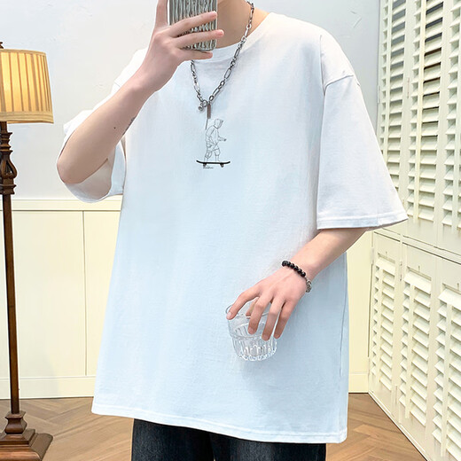叮噜鱼宽松男士短袖重磅T恤男夏季港风上衣服凉感透气青少年五分半袖男t 3899灰色 L (约140-160斤可穿)