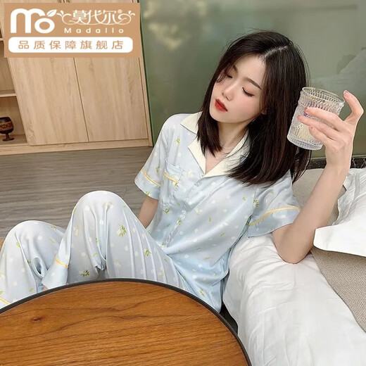 Modal summer new ice silk cool pajamas for women thin short-sleeved trousers ins Korean version of Bluebell Flower Sweet Home Clothing High Quality-YFY9905 [Short-sleeved trousers] M [Suggested 80-100Jin [Jin equals 0.5 kg]]