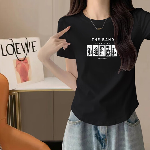 Gtyuwvg Camiseta de manga corta de algodón puro para mujeres 2025 Nuevo diseño curvado de verano y de moda top slim-slim estampado 6227 Curvado blanco Curvado S 80-100Jin [Jin es igual a 0,5 kg]