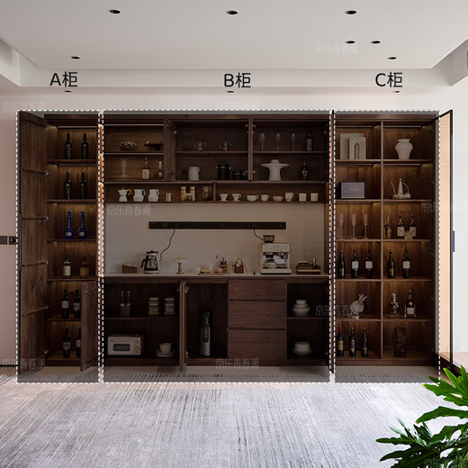 Youthful and trendy wall-to-wall sideboard integrated wall cabinet Black walnut living room wall-mounted multi-functional water bar cabinet Solid wood sideboard 240* (lower cabinet 50 upper cabinet 30)*236~240cm