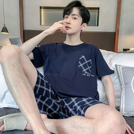 Мужская пижама Mu Fengqing Summer Shorked Shorts Новый подросток хлопок плюс жир плюс размером среднего возраста набор домашней одежды Summer HD9928 [Новый набор] L [Вес 100-125 JIN [JIN равно 0,5 кг]]