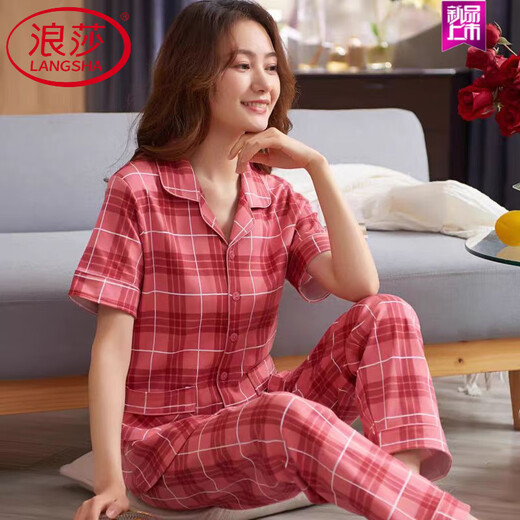 浪莎（LangSha）睡衣夏季女士纯棉短袖长裤夏季红色格子中年妈妈大码家居服 FTX-9923 M -建议80-95斤