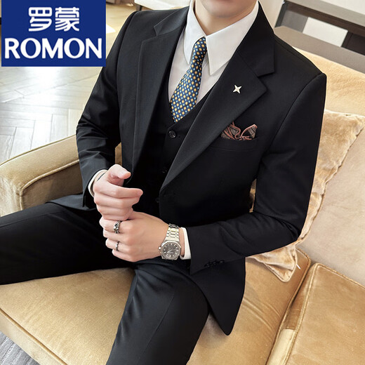 ROMON British business slim suit men's commuter casual school suit professional wear formal groom's dress three-piece suit dark gray suit + trousers 4XL