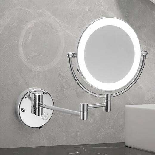 GWT telescopic makeup mirror with light, wall-mounted bathroom mirror, hotel bathroom hole-free folding double-sided LED light beauty mirror, appreciation brightness adjustment light mirror, silver plug style