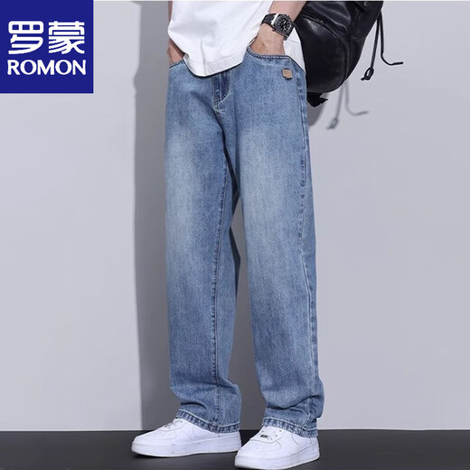 Romon 2025 summer retro jeans for men new style loose trousers straight casual wide-leg pants for men spring and autumn 1/2 9921 blue and gray (single set) 28 (waist circumference two feet one)