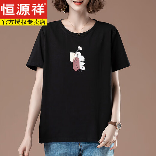恒源祥中年妈妈夏装短袖t恤女纯棉薄款加大码宽松休闲胖mm显瘦百搭上衣 黑色【9896款】 5XL 180-200斤