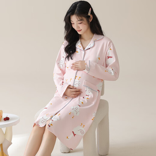 红腾（HONGTENG）碎花长裙月子服可外穿睡衣孕妇产前带胸垫公主风 11991：粉桃柔眠带胸垫开衫月子服 3XL （170-178cm，160-180斤）