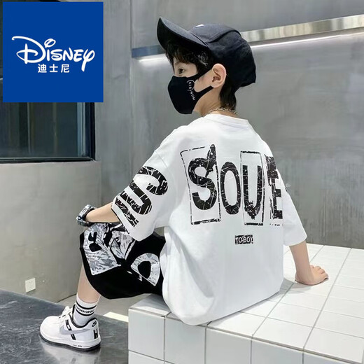迪士尼（Disney）男童套装2025夏季新款网红套装一整套儿童t恤中大童男孩两件套潮 黑色短袖[SO套装]#687 170 适合身高160左右