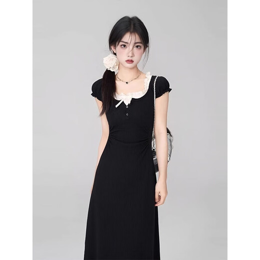 Hao'e French Black Square Kragen gefälschte zweiteilige Kleid für Frauen im Sommer Design High-End-Temperament Taille-Hugging Long Rock [gefälschter zweiteiliger Schwarz] M.
