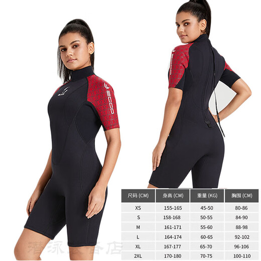 ZCCO 3mm swimsuit women's wetsuit men's snorkeling suit one-piece front zipper cold-proof swimsuit sailing suit for women/3mm black and red 5-piece one-piece back zipper short-sleeved shorts S