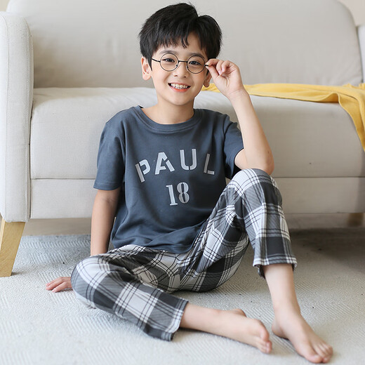 曼妮朵儿童睡衣男童短袖长裤秋装男孩全棉空调套装大童青少年纯棉家居服 N9902【短长】 130 14码建议125-135cm