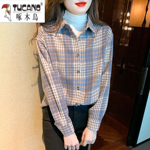 Woodpecker's new style plush thickened woolen plaid shirt jacket for women loose and versatile age-reducing Korean winter warm shirt trendy blue (fabric collection is preferred for shipping) L