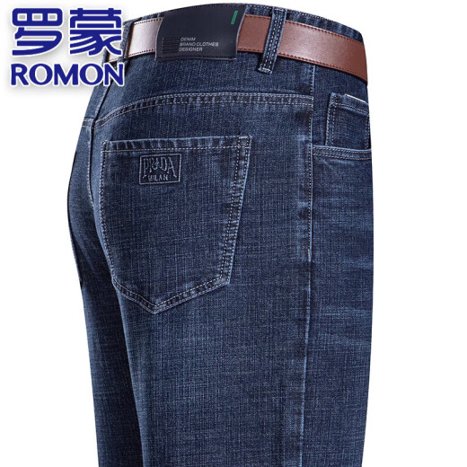 
ROMON genuine men's straight jeans men's spring and autumn trousers business casual pants high elastic straight wash pants deep blue 3882 style thin 35
