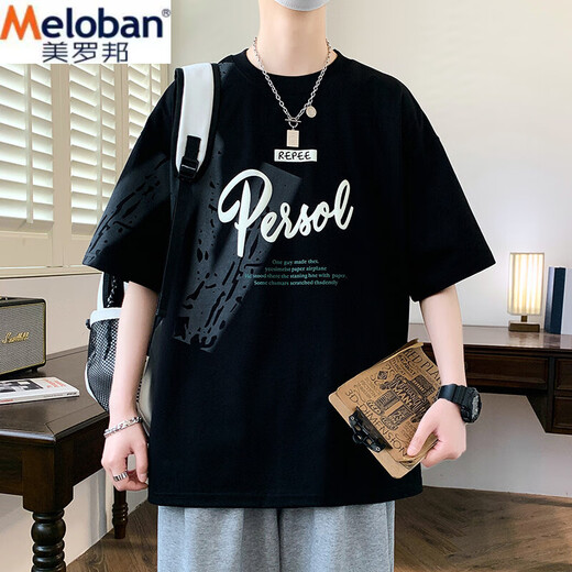 美罗邦（Meloban）短袖男夏季潮牌字母印花圆领半袖体恤 美式休闲男士落肩袖宽松T恤  693米色 常规 M 建议【80-100】斤