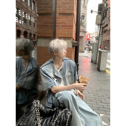 DICIFY男生夏季外套cleanfit水洗垫肩牛仔短袖夹克宽松休闲痞帅上衣潮 蓝色 M