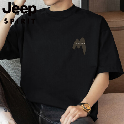 
JEEP SPIRIT260g American heavyweight T-shirt men's short-sleeved pure cotton round neck top summer loose half-sleeved M09-694 khaki XL