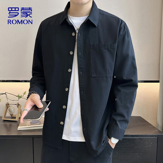 ROMON long-sleeved shirt men's autumn and winter trendy casual loose shirt trendy jacket men's black L