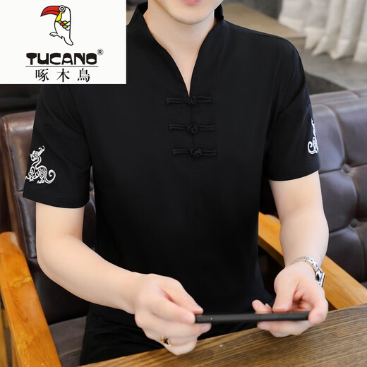 啄木鸟（TUCANO）冰丝t恤男士短袖2025新款男装中国风V领半袖夏季薄款中式盘扣体恤 E9871黑色 (冰丝滑料) L