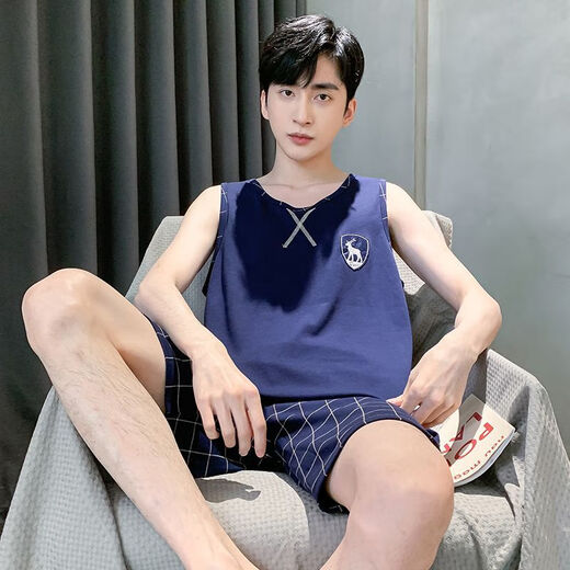 雅鹿中年男士无袖背心睡衣男青年卡通短袖薄款宽松大码家居服套装 H9928(短袖短裤) L(建议100120斤) 均码