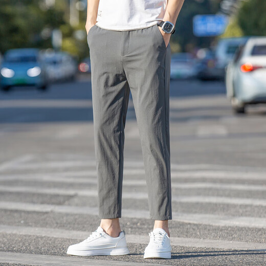 Jiumuwang 2025 new casual pants cropped pants men summer slim ice silk straight versatile thin pants men black-Y9905 black-Y9905 28