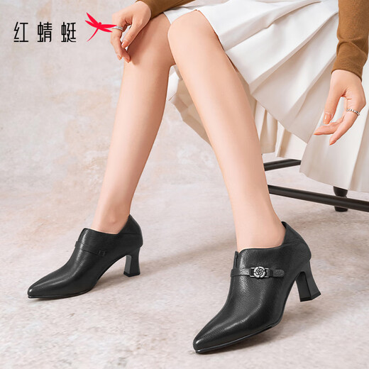 Red Dragonfly Shoes Women's Autumn Sheepskin Pointed Toe Temperament High Heels Commuting Ankle Boots Leather Shoes WFB35009 Black 37