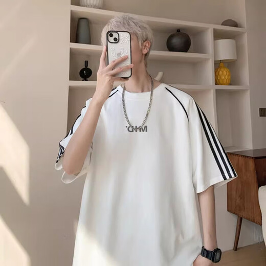 7 high-quality American striped sports T-shirts for men in summer trendy brands, high street handsome short-sleeved teen loose casual half-sleeved tops CQS-1504 gray XL