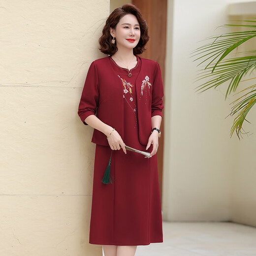 Homesee海外轻奢高端连衣裙妈妈婚宴装礼服中婆婆参加婚礼装 红色 (外套+内裙 两件套) XL (105斤以下)