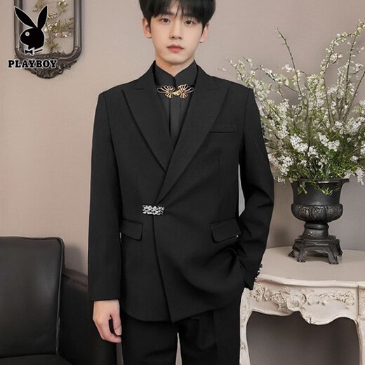 Playboy (PLAYBOY) star's same style new Chinese suit men's loose suit engagement groom wedding suit suit Tang suit Chinese tunic suit black suit + white shirt + black trousers 2XL collection store fast delivery