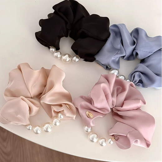 Added Cream Sea Blue Korean Satin Pearl Edge Large Intestine Hair Tie Temperament Gentle Low Ponytail Travel Rubber Band Satin Pearl Hair Tie Apricot