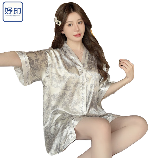 妤印国潮风水墨画冰丝居家服两件套女夏新款短袖印花宽松大码睡衣套装 829#对襟方格字母 M