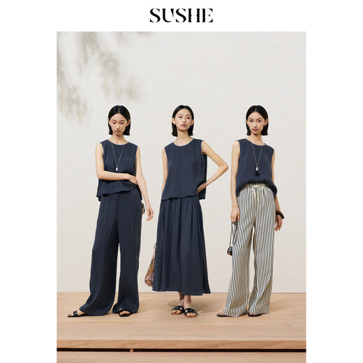SUSHE Lingjian ethnic style embroidered sleeveless top drape skirt loose straight pants suit women summer Cenlan-top M