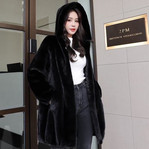 
Winter home brand imported mink coat for women whole mink medium length hooded mink fur fur coat for women with hat winter black XL 120Jin[Jin equals 0.5 kg]-140Jin[Jin equals 0.5 kg]