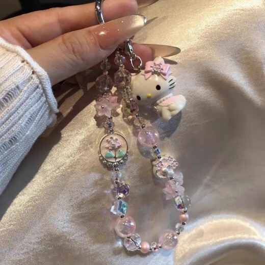 Xingyin mobile phone lanyard wrist hanging chain beaded girl's shiny high-end short chain anti-lost and fall-resistant dopamine cute little fresh pink pink control girl's heart kt lanyard pendant mobile phone lanyard wrist hanging chain Mary cat flower + TPU transparent patch