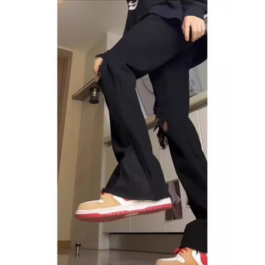 迪伽达美式复古vibe裤子高街潮牌纯色破洞牛仔裤男款夏季百搭修身微喇裤 DFFS-723黑色 XL