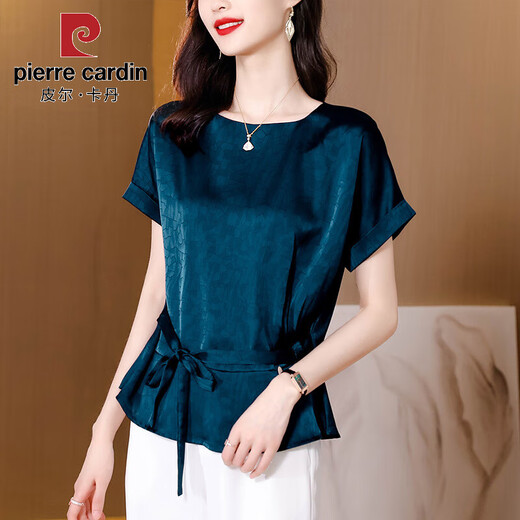 皮尔卡丹（PIERRE CARDIN）提花冰丝衬衫女短袖设计感小众别致上衣夏季女装洋气外穿衬衣 墨绿色 7027# M 【95--114斤】