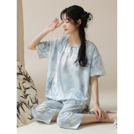 PMWRUN夏季新中式国风短袖睡衣套装女士棉家居服七分裤夏天薄款可外穿 LZY9901 M (建议75-95斤)