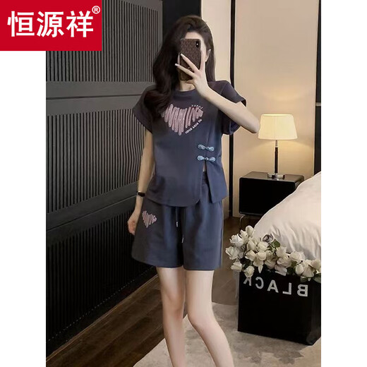Hengyuanxiang new Chinese suit for women 2025 summer new style button Chinese style casual sportswear printed shorts shorts two-piece set dark gray S