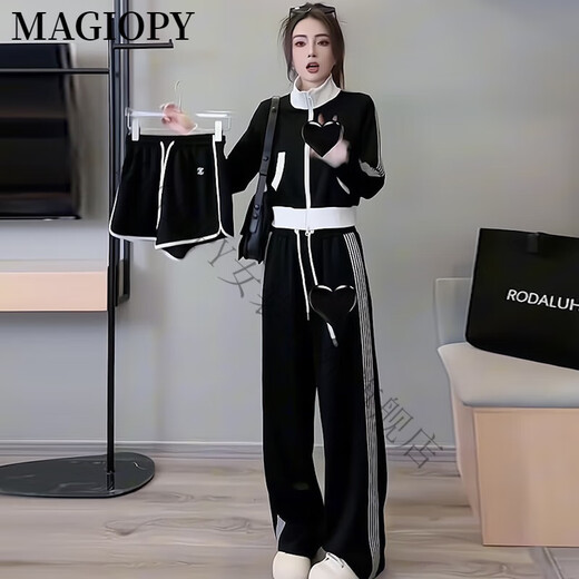 MAGIOPY国际奢侈高档品牌网红同款休闲运动套装女装秋季时尚减龄黑色外套 黑色 S(100斤以内)