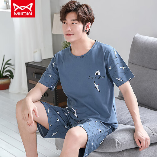 Catman (Miiow) reines Baumwollkurzarmpyjama für den Sommer-Dünnstil von Männern kann außen für Teenage Stripes Herren Home Clothes Lose Summer Style A679 L (empfohlen 115-135 Jin [Jin gleich 0,5 kg]) getragen werden.