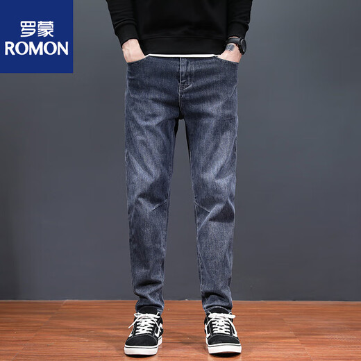 Romon Pants Men's Deal Brand 2025 Summer Fin Jeans Fashion Mass's Fashion Straight Fashion Harem pantalones Black and Gray (RJS1-2209) 34 (Espera circunferencia 2 pies 7)