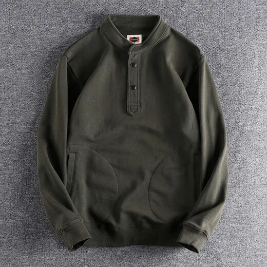 Kuraishi Kazuki Kuraishi Kazuki trendy brand Japanese retro Henley collar sweatshirt men's autumn and winter loose cotton Henley long-sleeved T-shirt Army Green 2XL 145-160Jin Jin equals 0.5 kg