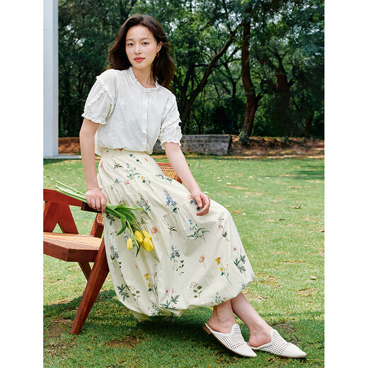 
Inman romantic and fresh plant outfit printed skirt 2025 summer women's new A-line loose umbrella skirt white background print M